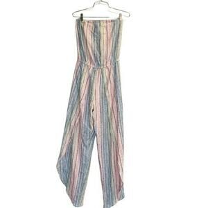 Drew Strapless Jumpsuit Split Hem Striped Linen Blend SZ xs NWT rainbow